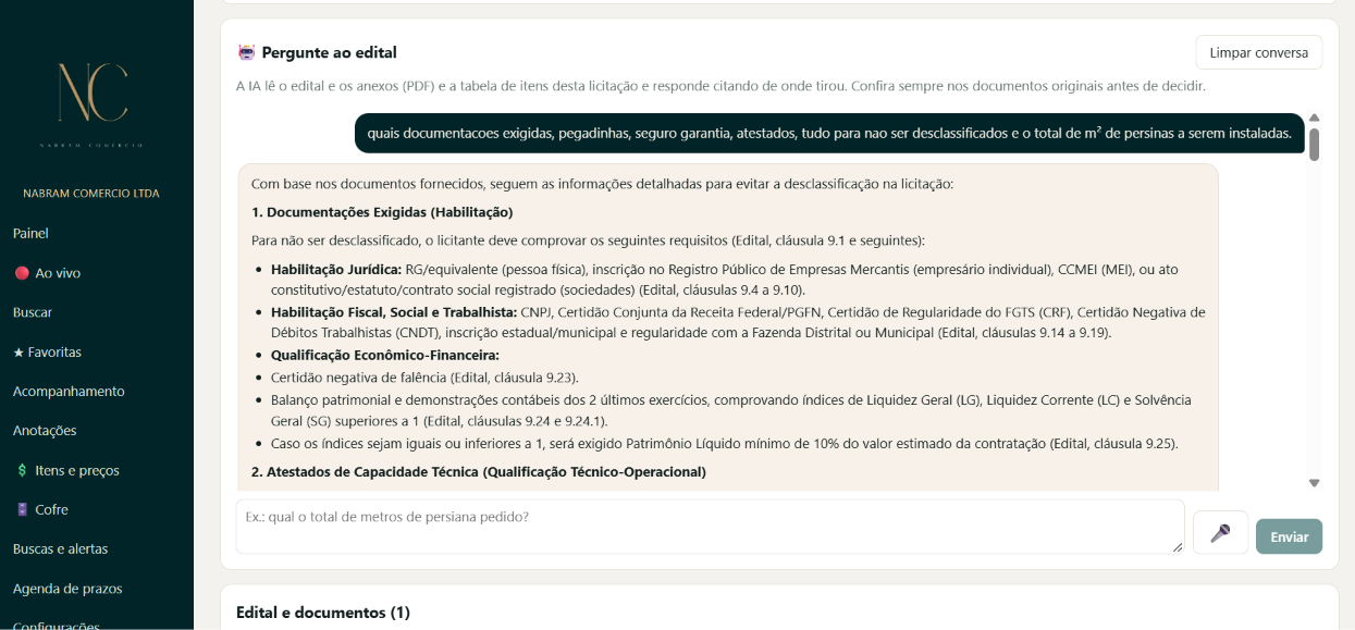Chat com IA respondendo sobre o edital