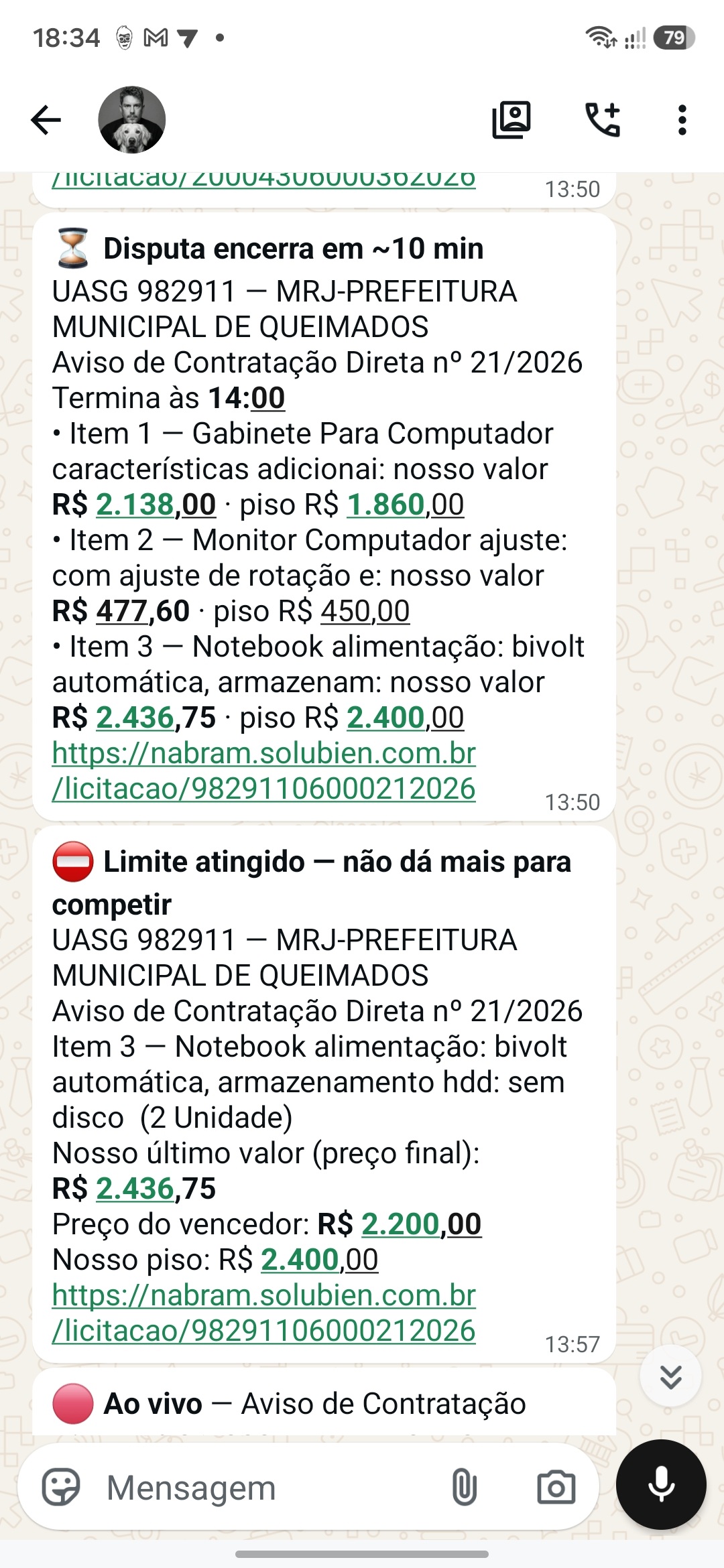 Aviso no WhatsApp: disputa encerra em 10 minutos