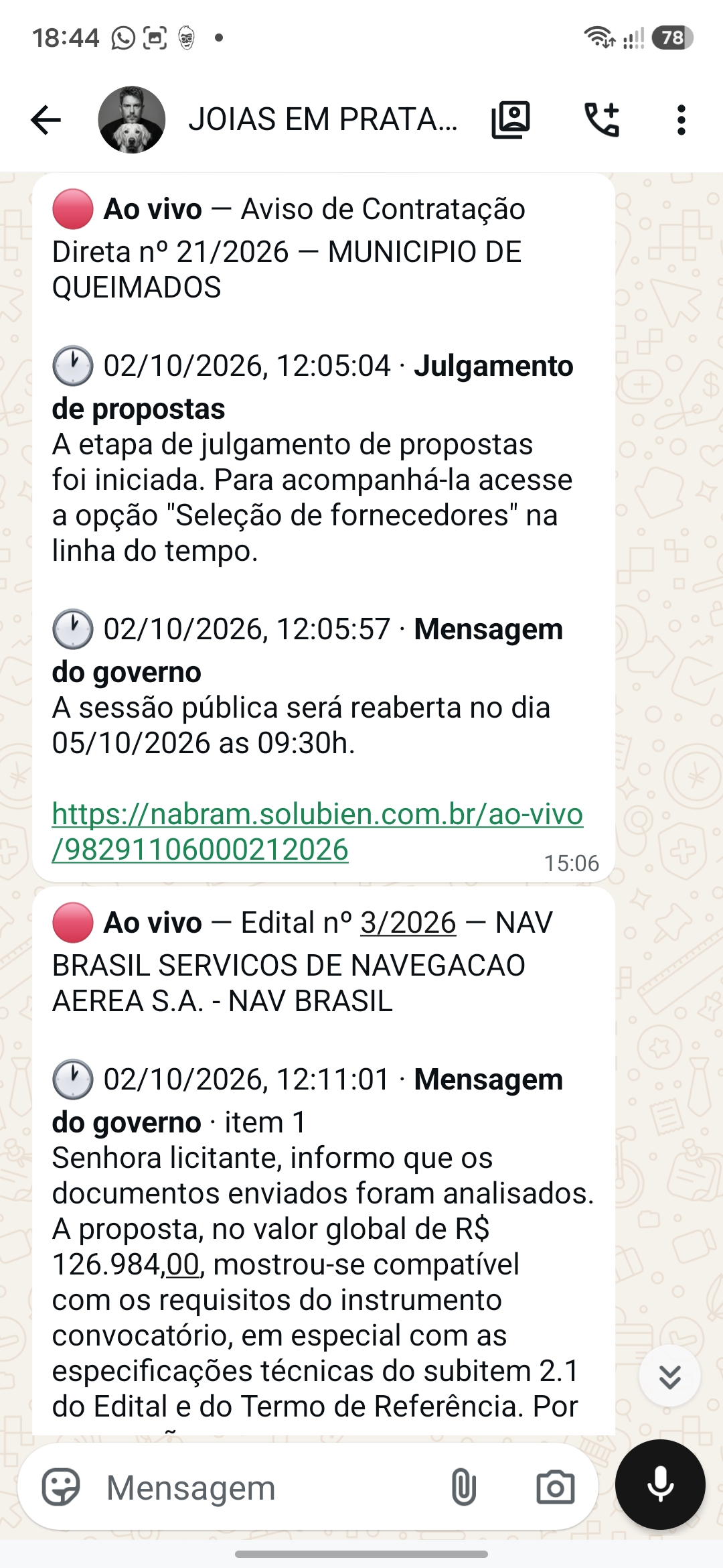 WhatsApp: mensagem do pregoeiro no chat ao vivo