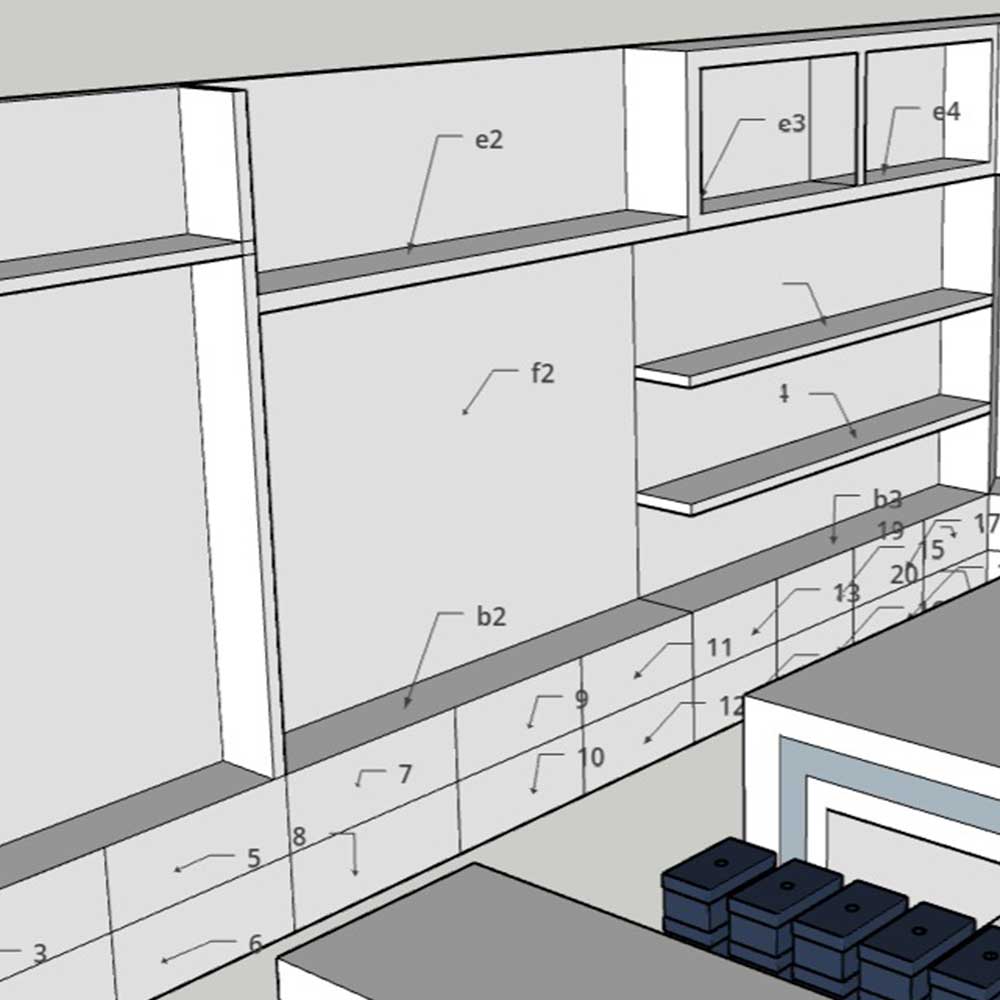 3D da estante completa com legenda das localizações dos produtos
