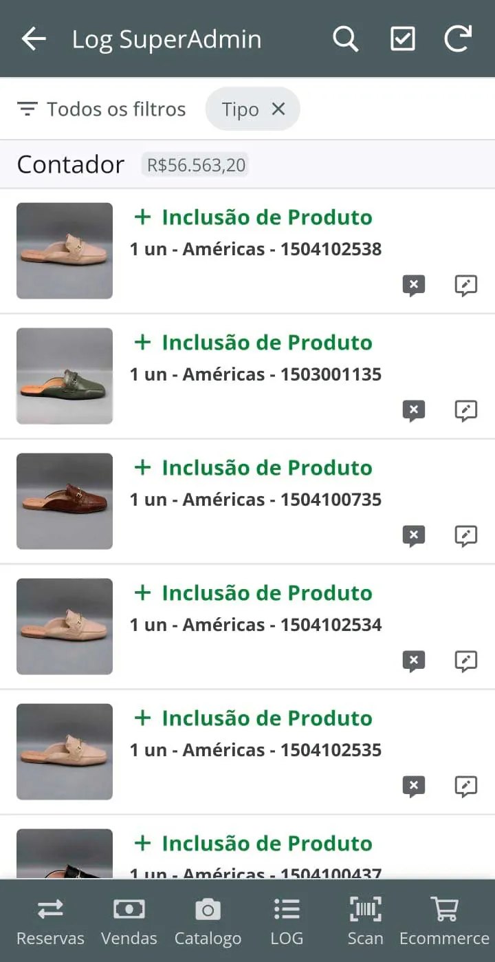 Tela do app com a relação de produtos e filtro de produtos escaneados incluídos no estoque com +1
