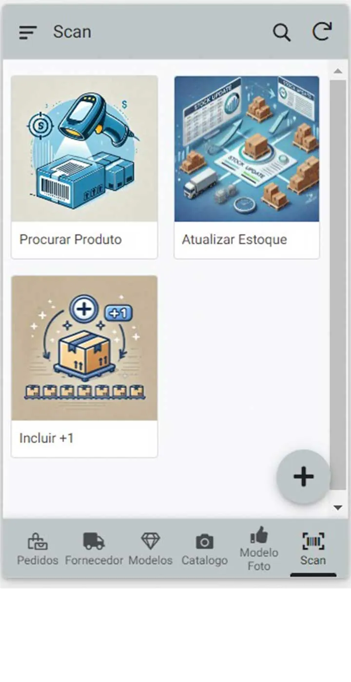 Tela inicial do app com três botões: procurar produto, atualizar estoque e incluir +1